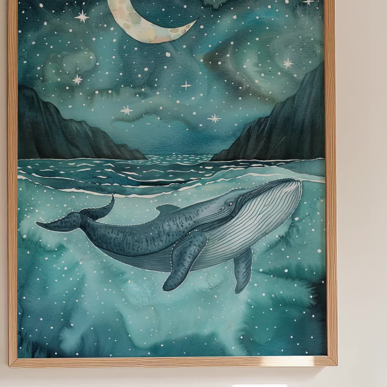 天空の夜のクジラの水彩画 | ザトウクジラ | 保育園用水彩画プリント